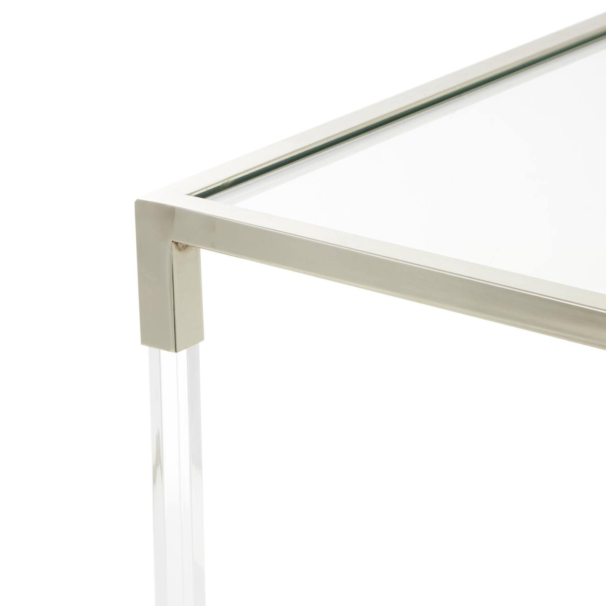 46" Silver Metal Minimalistic Open Framed Living Room Coffee Table with Clear Glass Top & Acrylic Legs